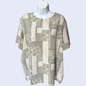 Ship ’n Shore patchwork floral blouse sage green/cream short sleeve boxy 90s